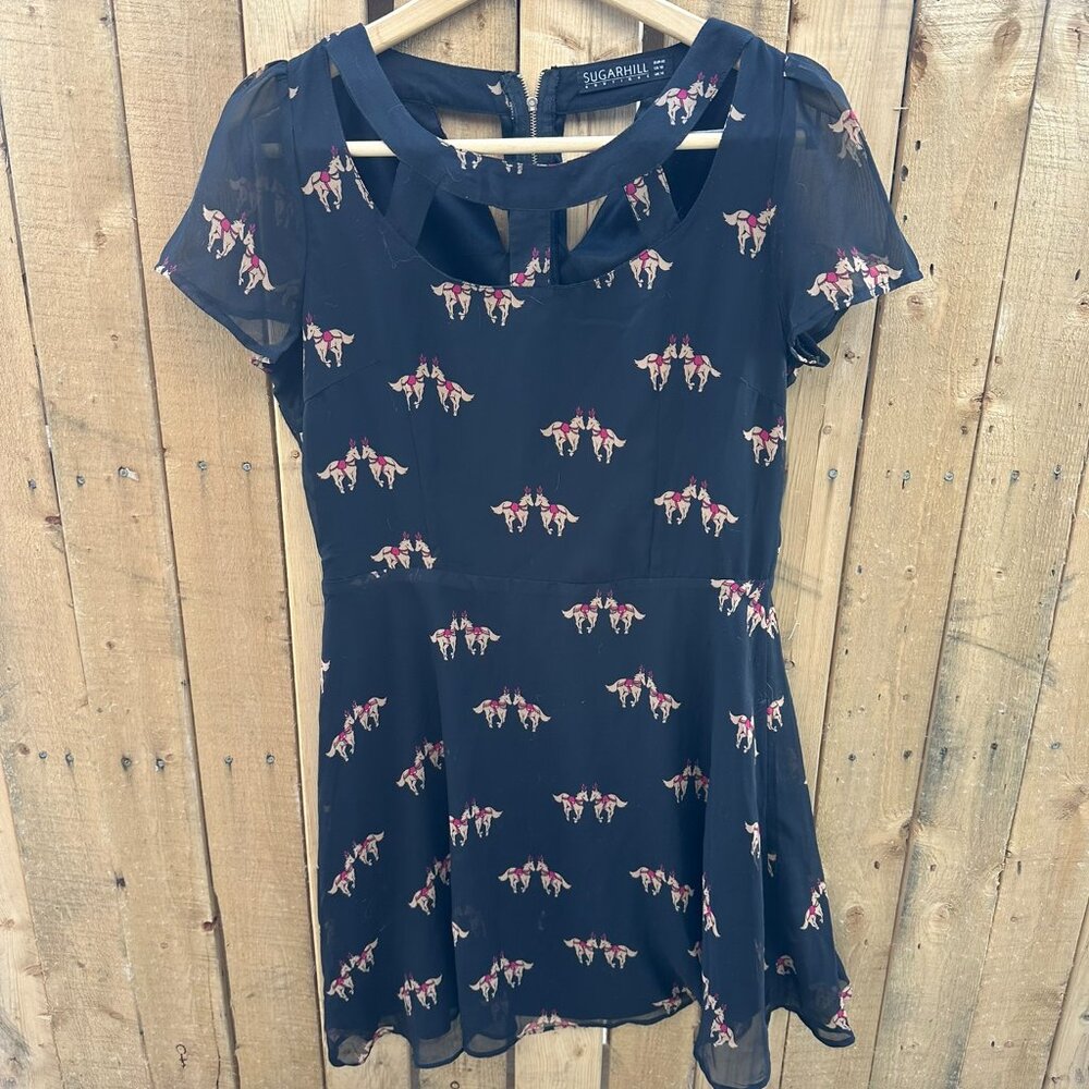 Sugarhill Boutique Horse Print Dress | Black Fit & Flare | Short Sleeve